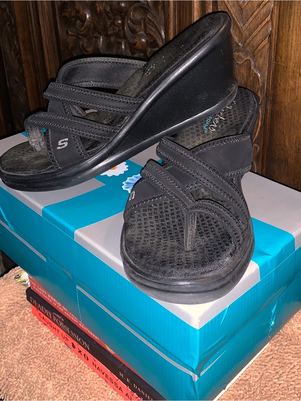 Skechers Black Slip-On Wedge Sandal with Crisscross Straps